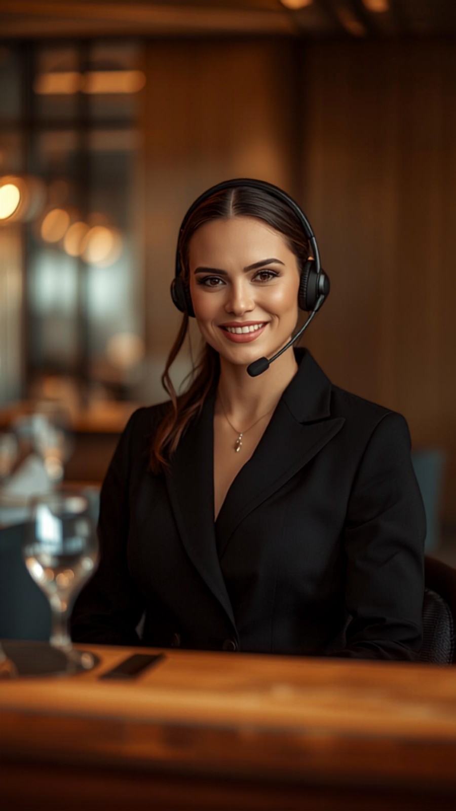 A restaurant hostess answering the phone on a headset to take a reservation