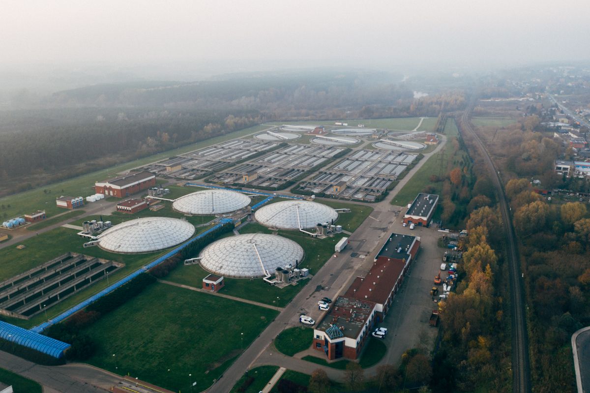 Aerial view of a water-treatment facility